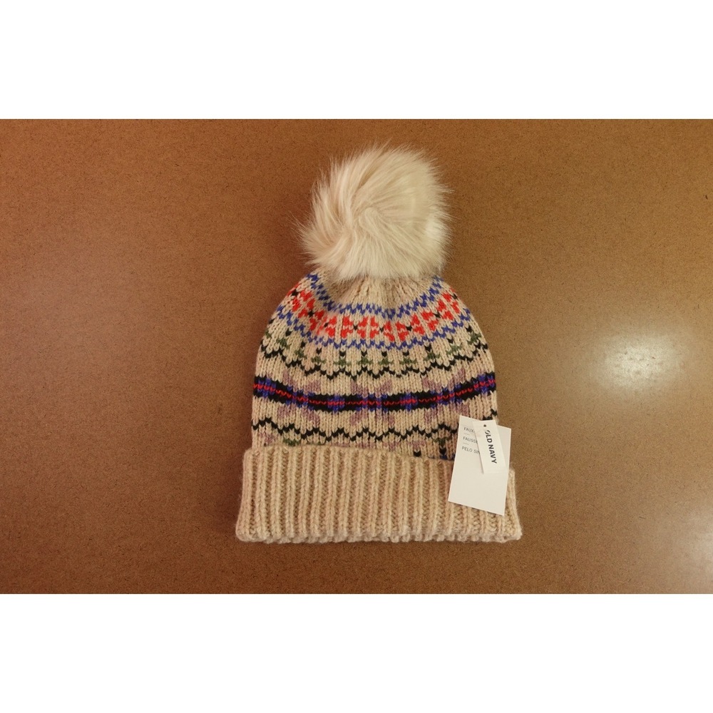 Old Navy Womens One Size Colorful Chunky Knit Pom Accent Cuffed Beanie NWT